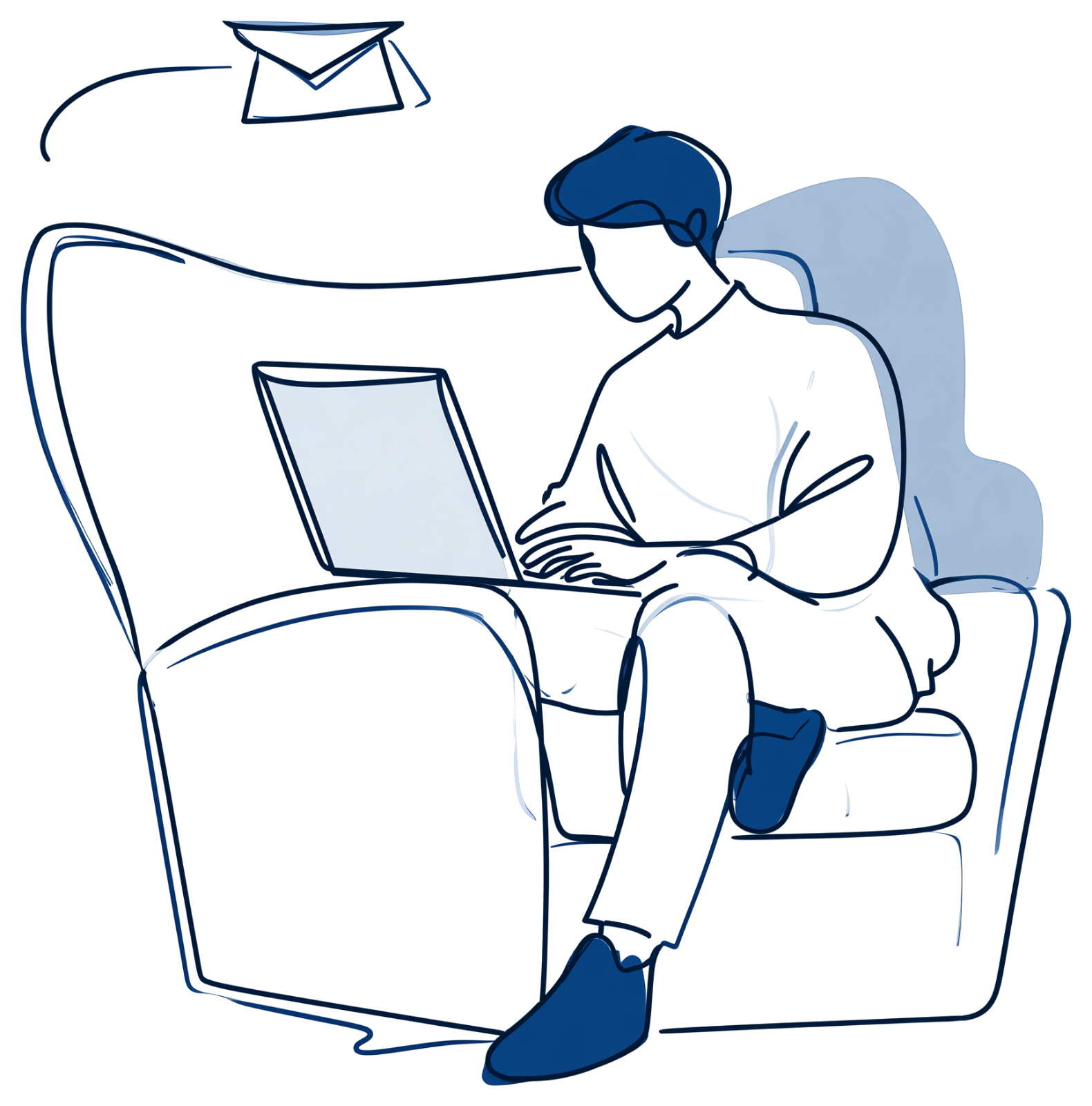Illustration: Eine Person schreibt entspannt im Sessel eine Nachricht am Laptop
