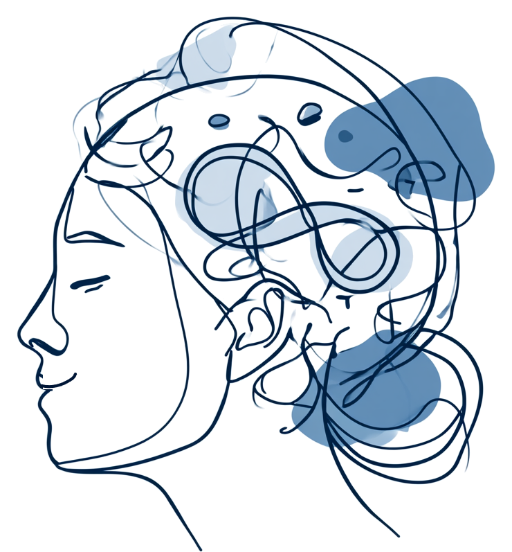 Illustration: Profil einer Frau mit geschlossenen Augen und leichtem Lächeln, ihr Kopf gefüllt mit verschlungenen Linien